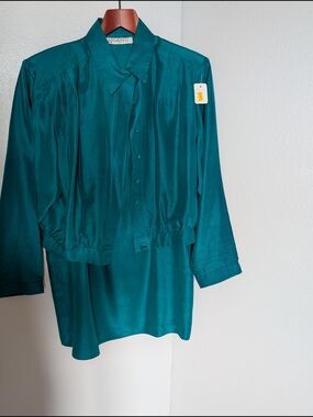 ARGENTI Teal Satin Button-Up Blouse and Skirt